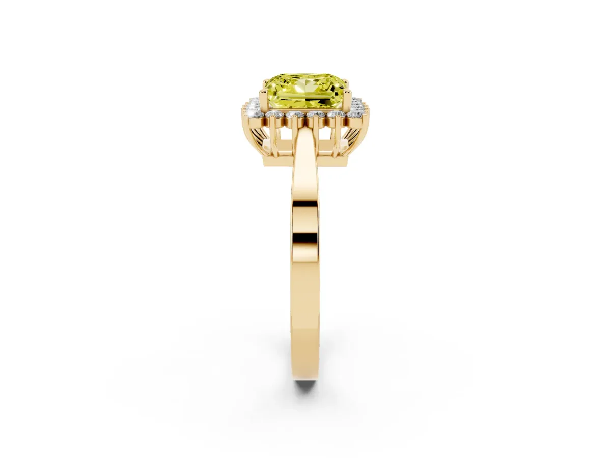 Fancy Yellow Princess Cut Cut Diamond Halo Ring with Round Brilliant Halo and Solitaire Band Yellow gold