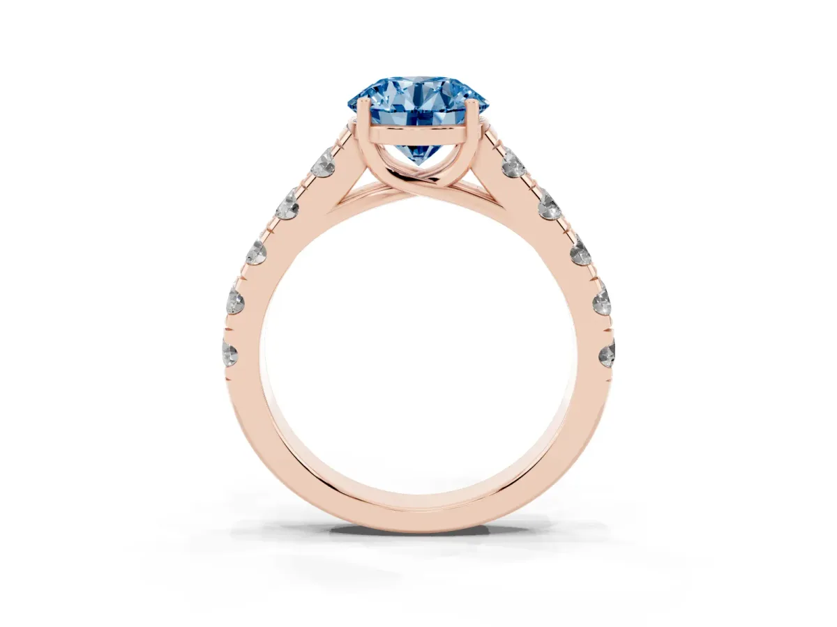 Fancy Blue Round Cut Cut Diamond Solitaire Ring with Micro Pave Band and Prong Setting Rose gold