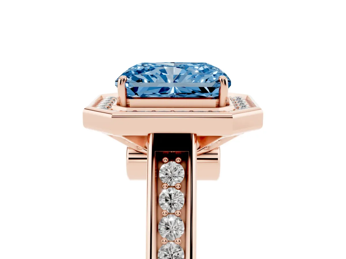 Fancy Blue Emerald Cut Halo Solitaire Diamond Ring with Pave Band and Bezel Setting Rose gold