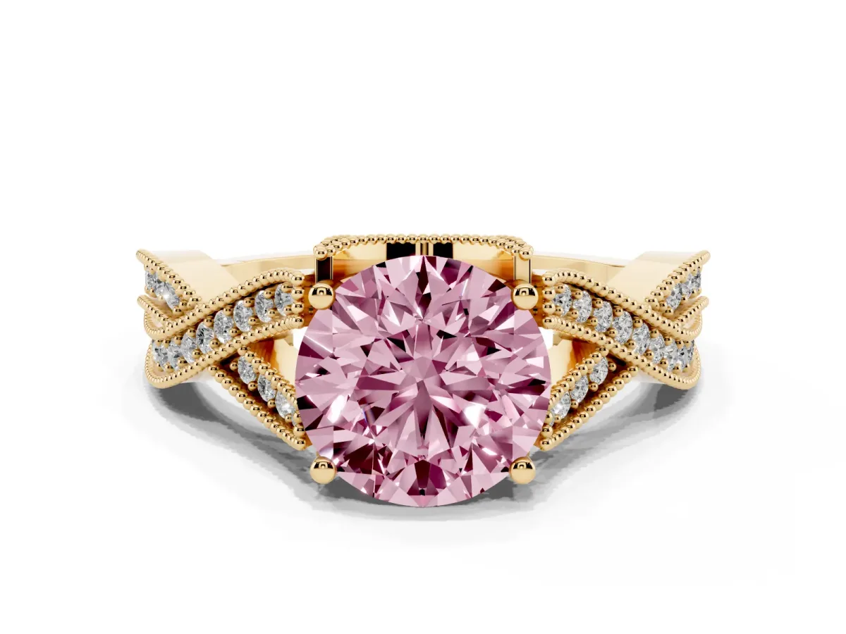 Fancy Pink Round Cut Cut Diamond Twisted Band with Milgrain Pave Setting and Four-Prong Setting Yellow gold
