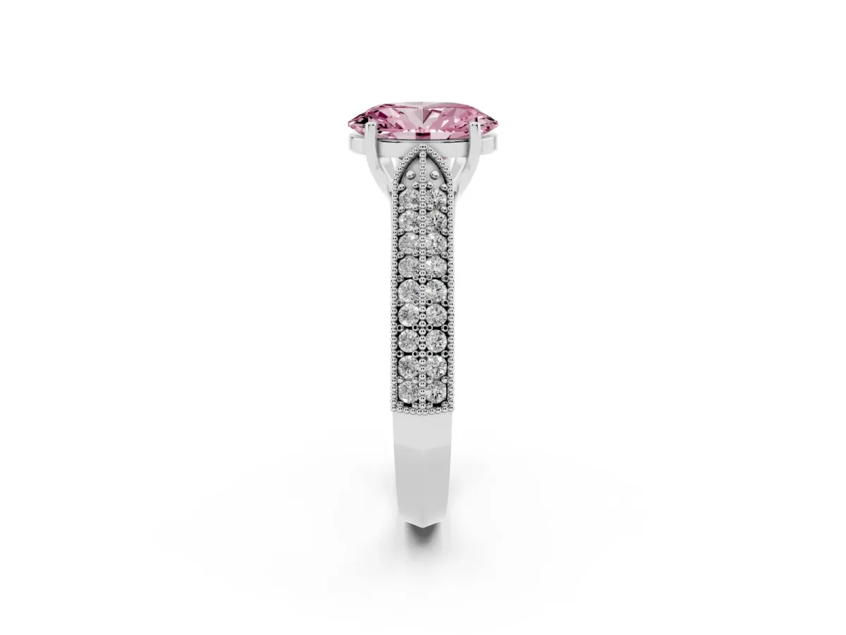 Fancy Pink Oval Cut Cut Pave Split Shank Engagement Ring with Four-Prong Setting White gold