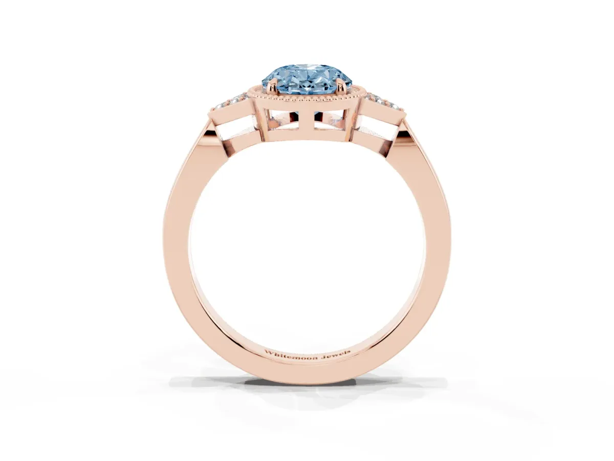 Fancy Blue Oval Cut Diamond Halo Ring with Tapered Band and Four-Prong Setting Rose gold