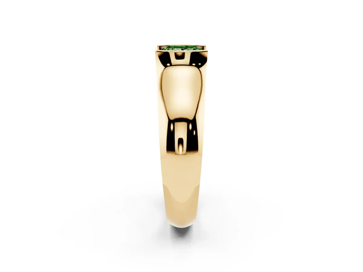 Fancy Green Princess Cut Solitaire Bezel Set Diamond Ring with Wide Band Yellow gold