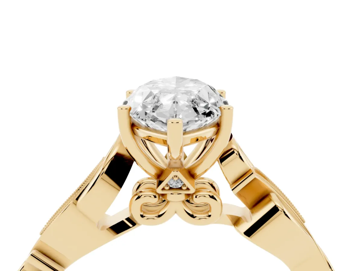 Marquise Cut Solitaire Vine Band with Milgrain Prong Setting Yellow gold