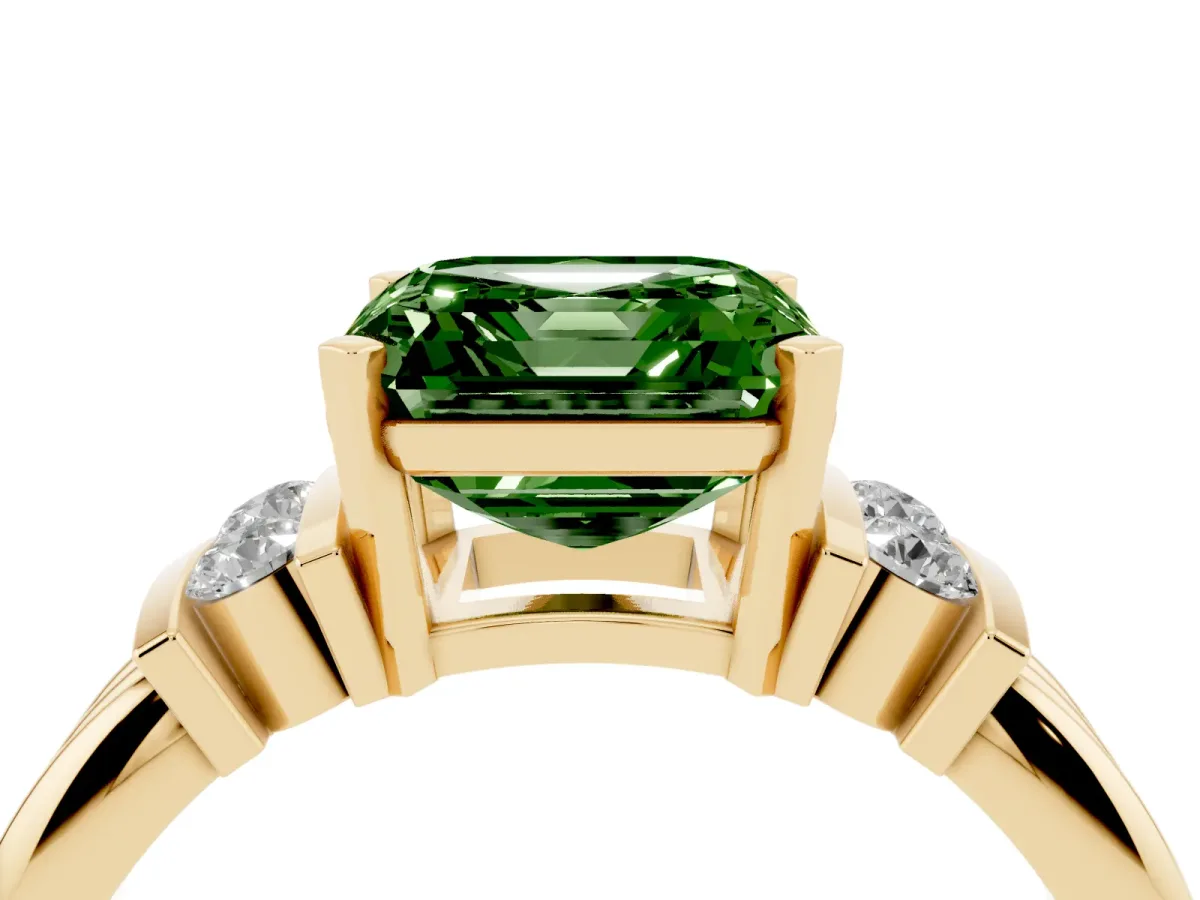 Fancy Green Asscher Cut Cut Three-Stone Channel Set Ring with Bar Prongs Yellow gold