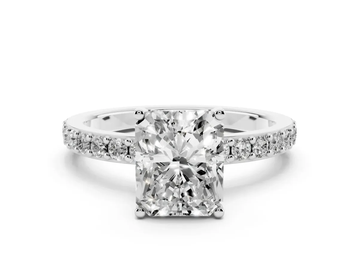 Radiant Cut Cut Diamond Solitaire with Pave Band and Four-Prong Setting Silver