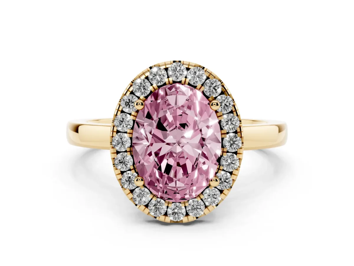 Fancy Pink Oval Cut Halo Diamond Solitaire with Pavé Band and Four-Prong Setting Yellow gold