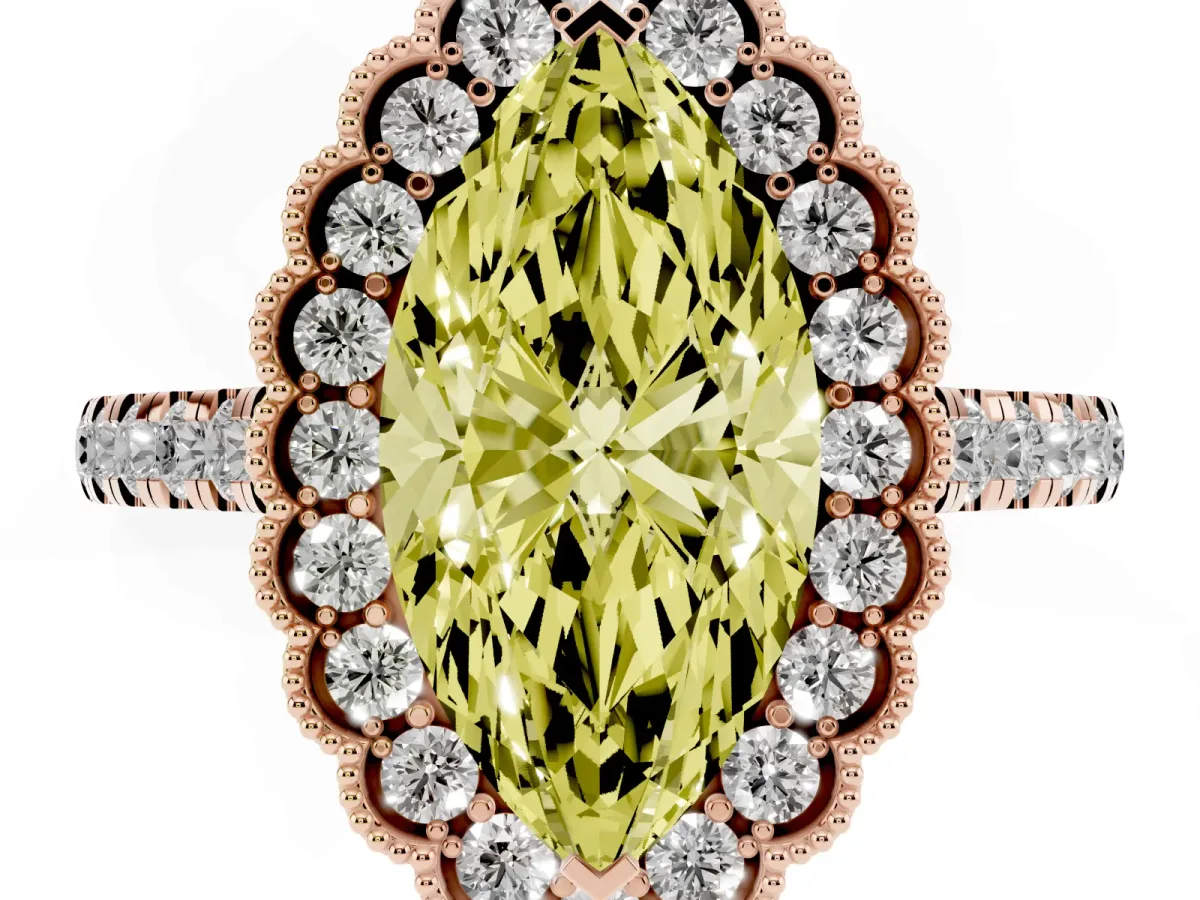 Fancy Yellow Marquise Cut Cut Diamond Milgrain Floral Halo Engagement Ring with Pavé Band Rose gold