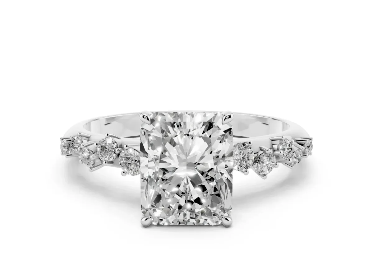 Radiant Cut Diamond Cluster Side Stone Solitaire Ring with Prong Setting Silver