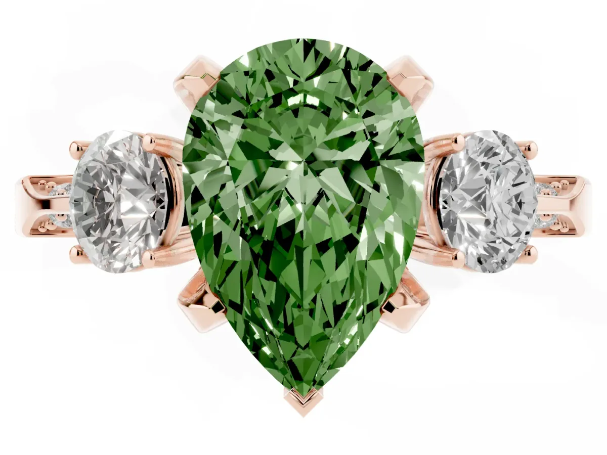 Fancy Green Pear Cut Brilliant Three-Stone Diamond Ring with Pavé Band and Four-Prong Setting Rose gold