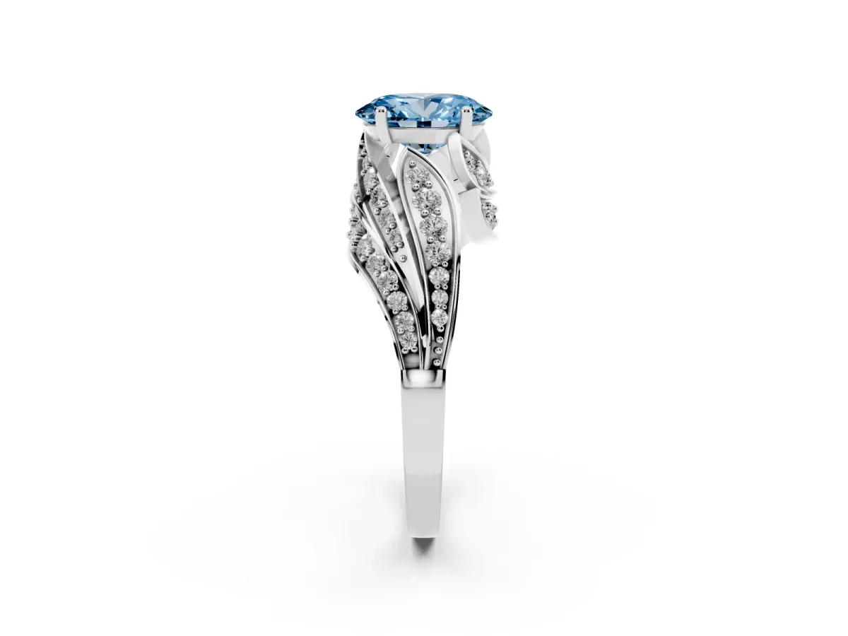 Fancy Blue Oval Cut Diamond Solitaire Ring with Prong Setting and Twisted Pavé Band Silver