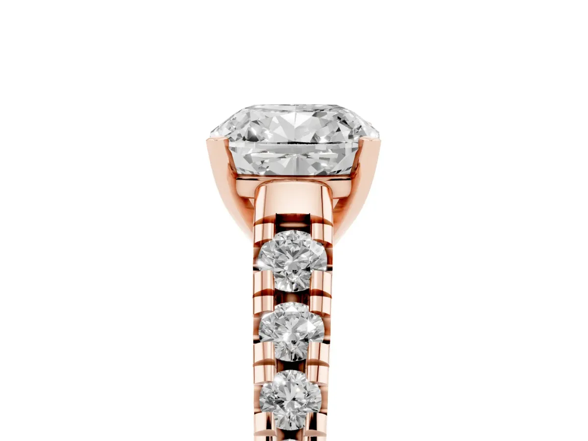 Cushion Cut Diamond Cathedral Solitaire Ring with Round Pavé Band Rose gold