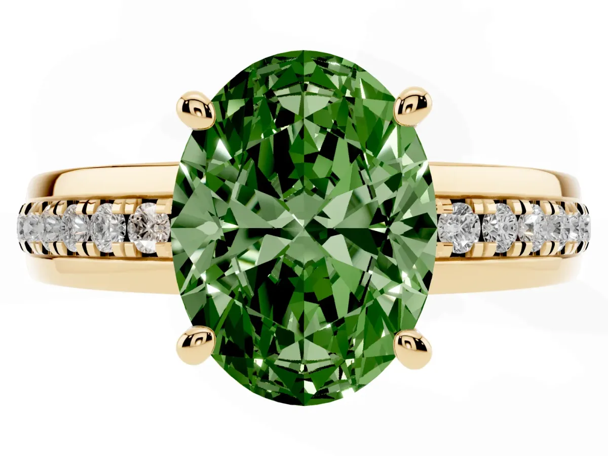 Fancy Green Oval Cut Solitaire Diamond Ring with Channel Set Band and Six-Prong Setting Yellow gold