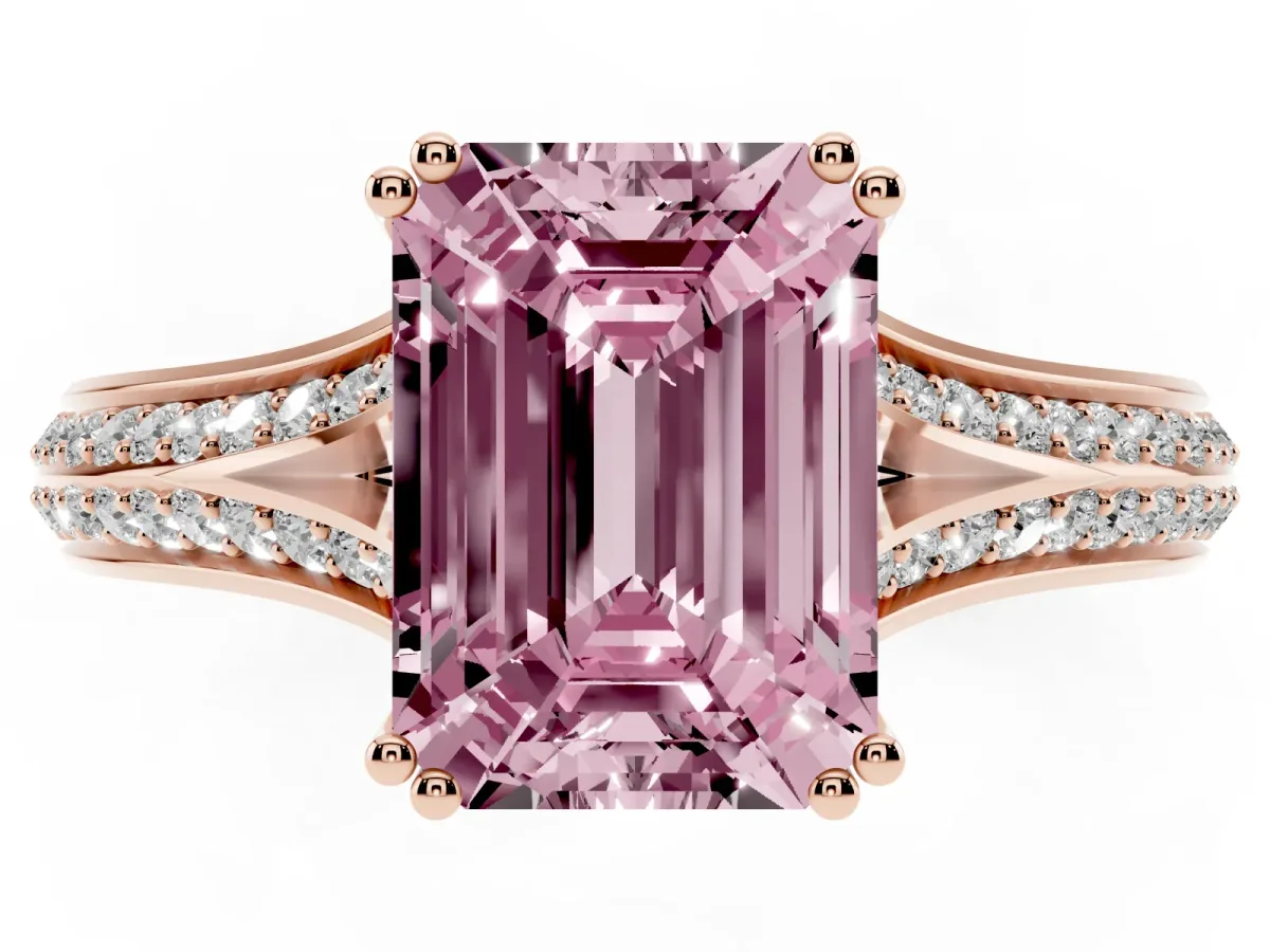 Fancy Pink Emerald Cut Diamond Split Shank Engagement Ring with Pavé Band Rose gold