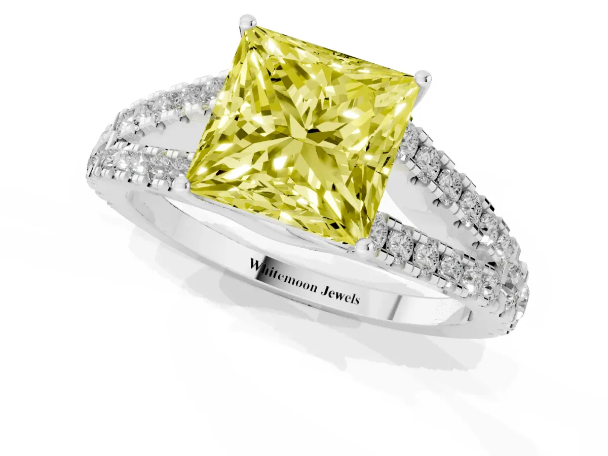 Fancy Yellow Princess Cut Diamond Split Shank Pavé Engagement Ring with Four-Prong Setting Platinum