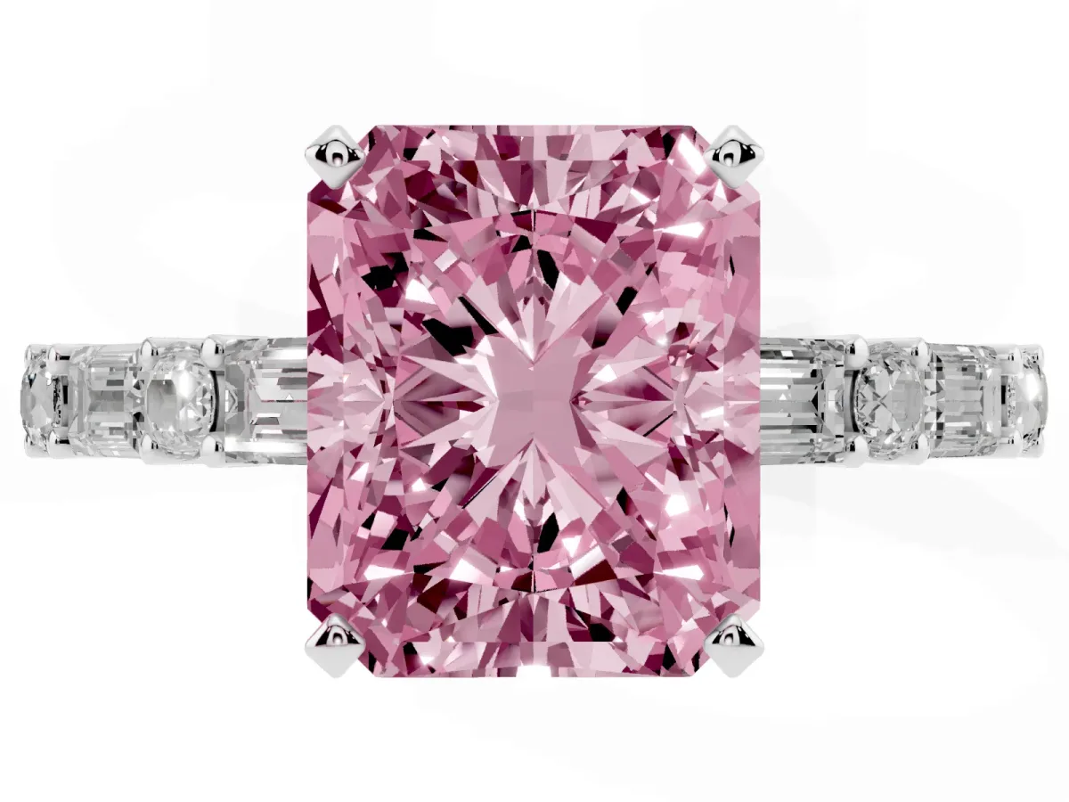 Fancy Pink Radiant Cut Diamond Solitaire with Side Baguettes and Channel Set Band White gold