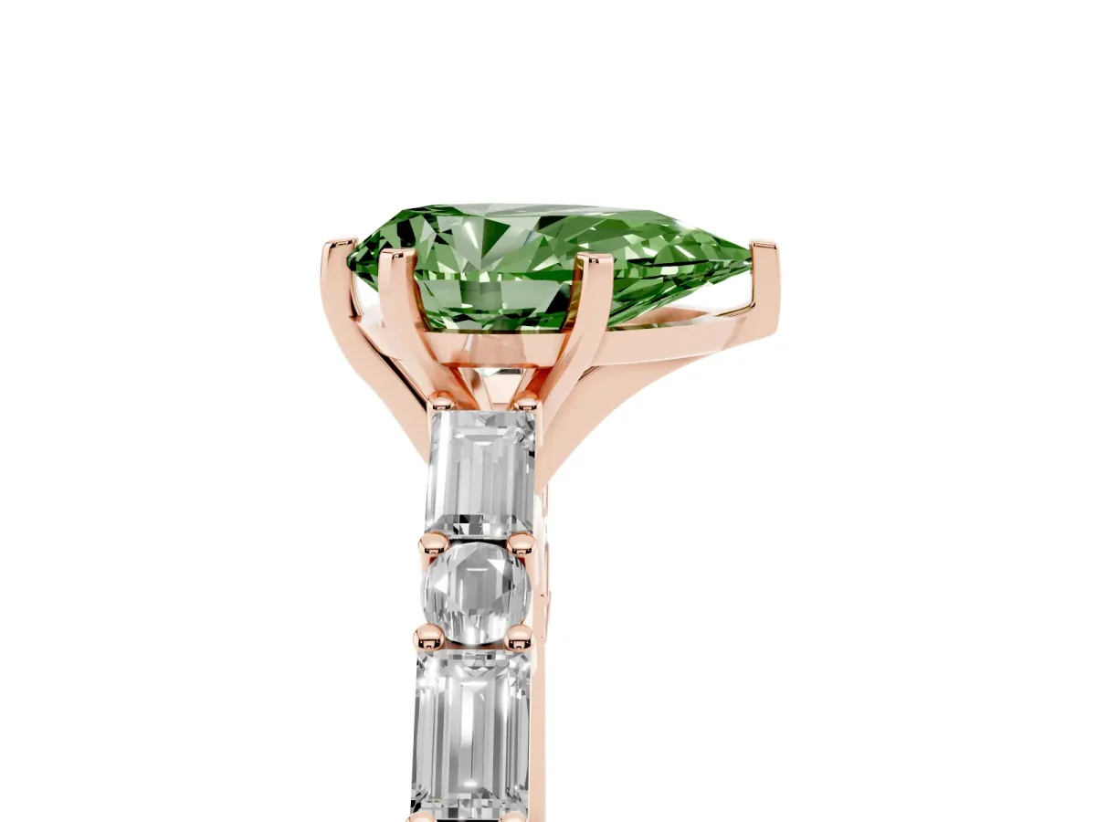 Fancy Green Pear Cut Diamond Solitaire with Side Baguettes and Channel Set Band Rose gold