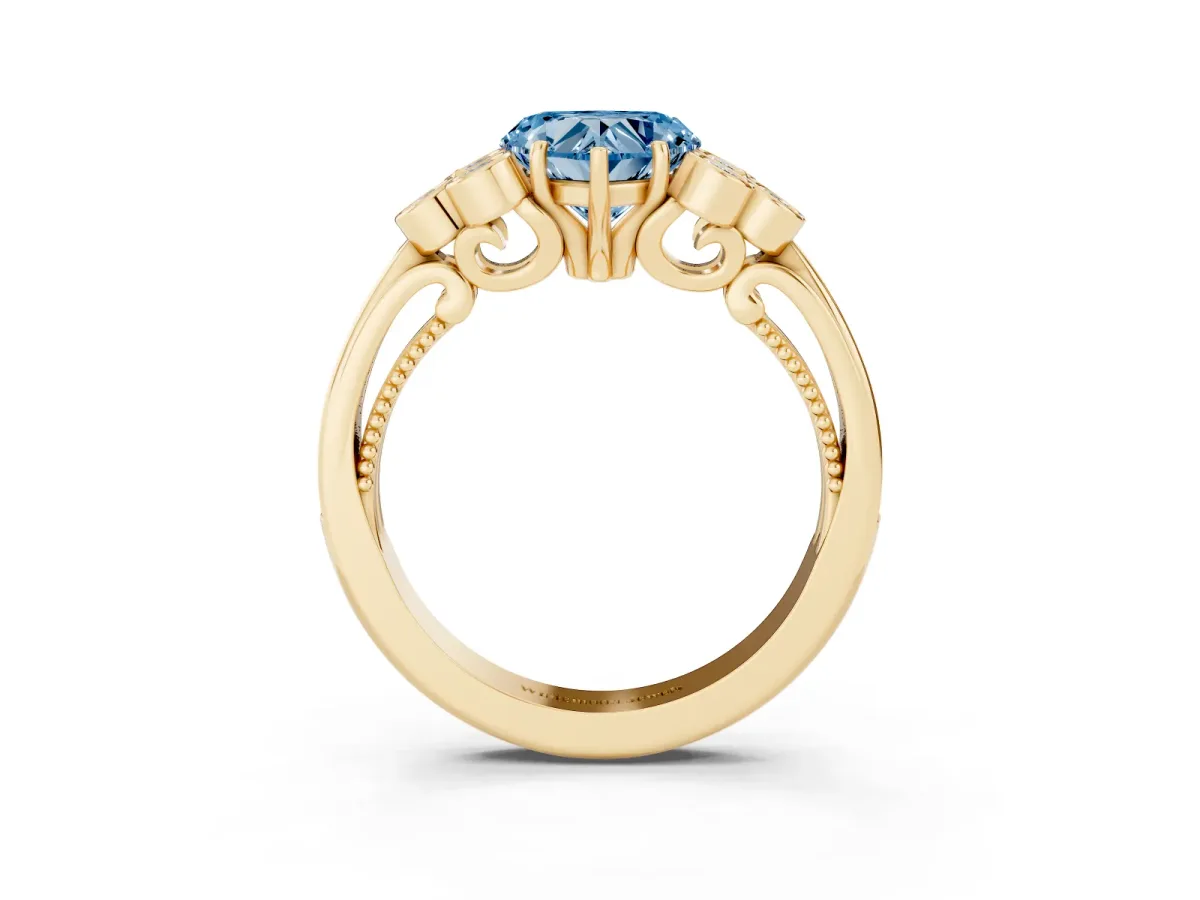 Fancy Blue Heart Cut Cut Diamond Engagement Ring with Bezel Set Round Side Stones and Prong Setting Yellow gold