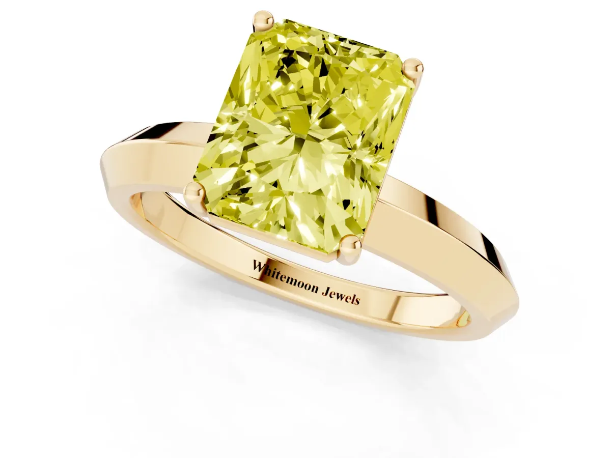 Fancy Yellow Radiant Cut Cut Solitaire Engagement Ring with Flat Band and Four-Prong Setting Yellow gold