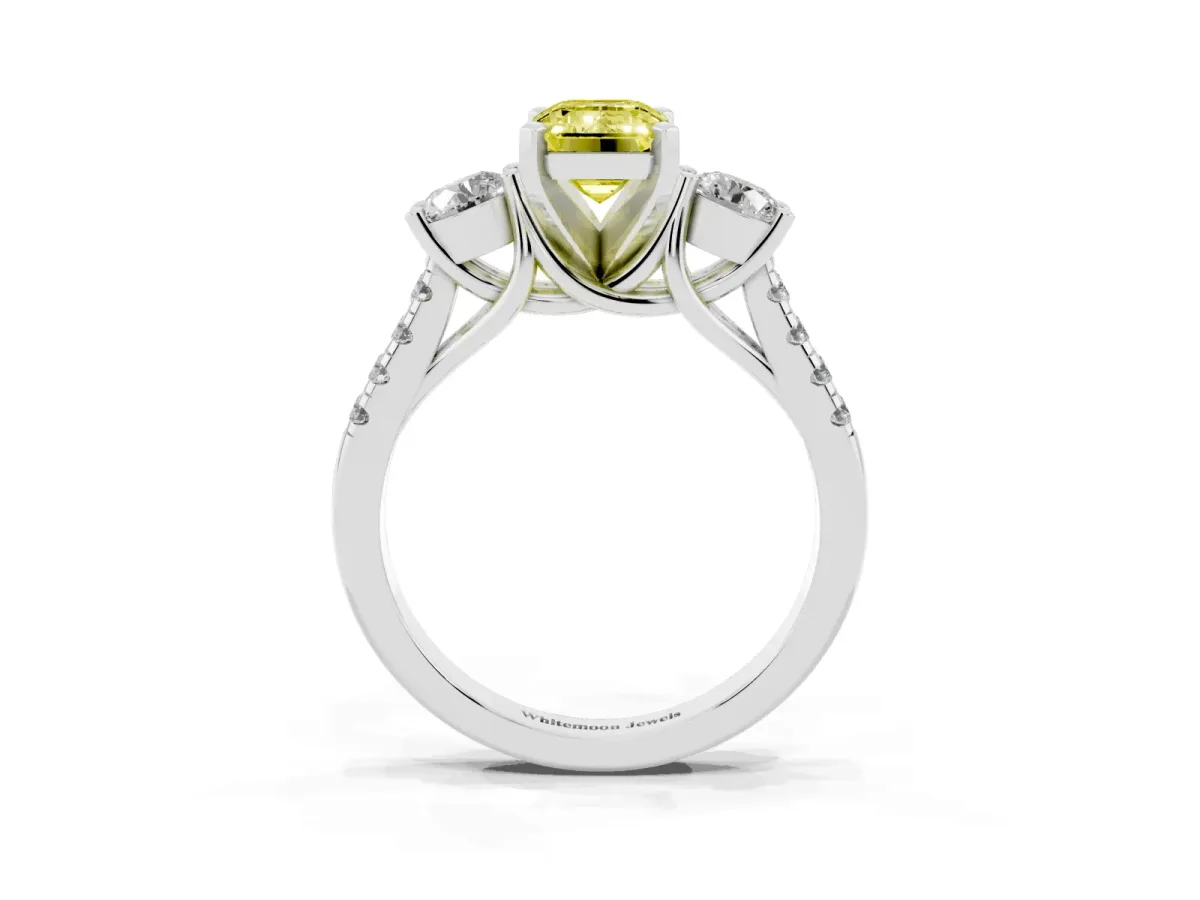 Fancy Yellow Three-Stone Emerald Cut Diamond Pavé Band with Four-Prong Setting Silver