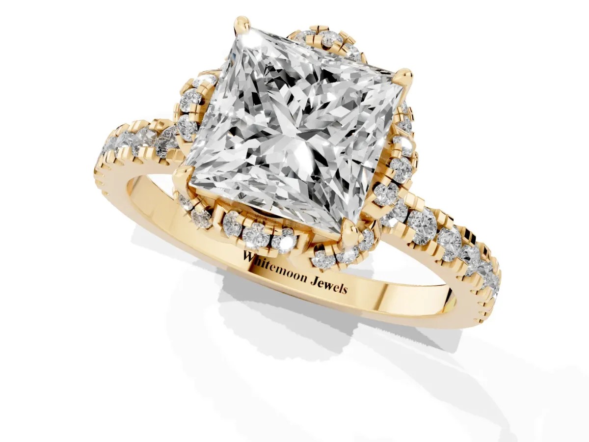 Princess Cut Diamond Halo Pave Band with Four-Prong Setting Yellow gold