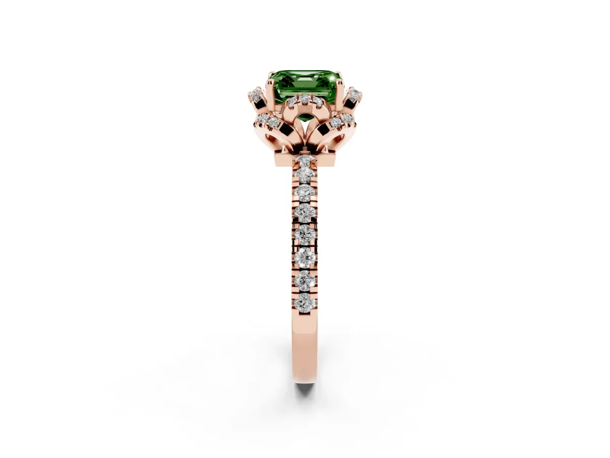 Fancy Green Asscher Cut Halo Diamond Pave Band Ring with Four-Prong Setting Rose gold