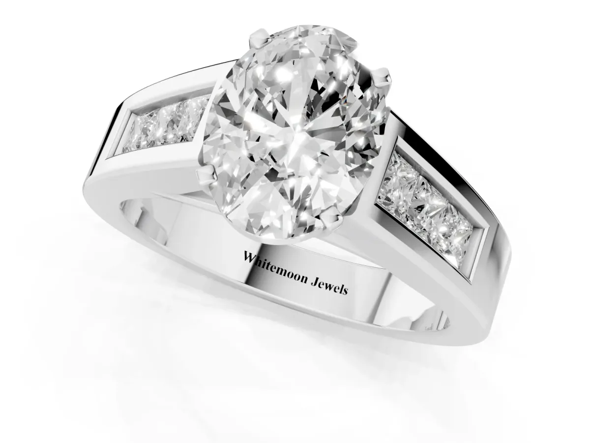Oval Cut Cut Channel Set Solitaire Ring with Four-Prong Setting Platinum