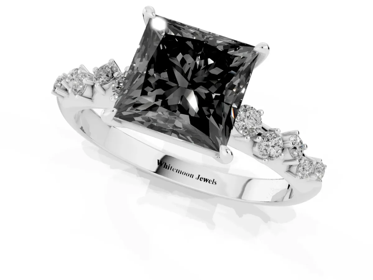 Fancy Black Princess Cut Diamond Cluster Side Stone Solitaire Ring with Prong Setting Silver