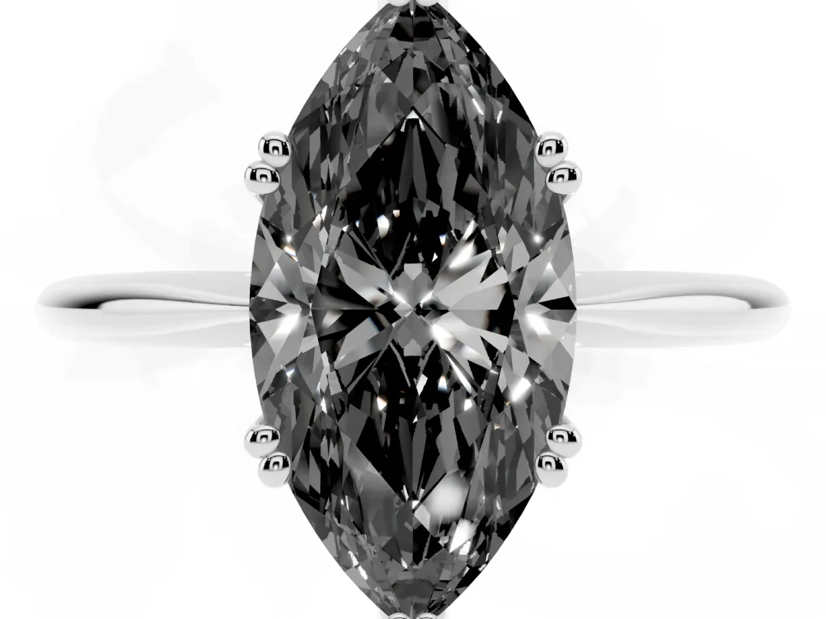 Fancy Black Marquise Cut Solitaire Diamond Ring with Six-Prong Setting and Classic Band Silver
