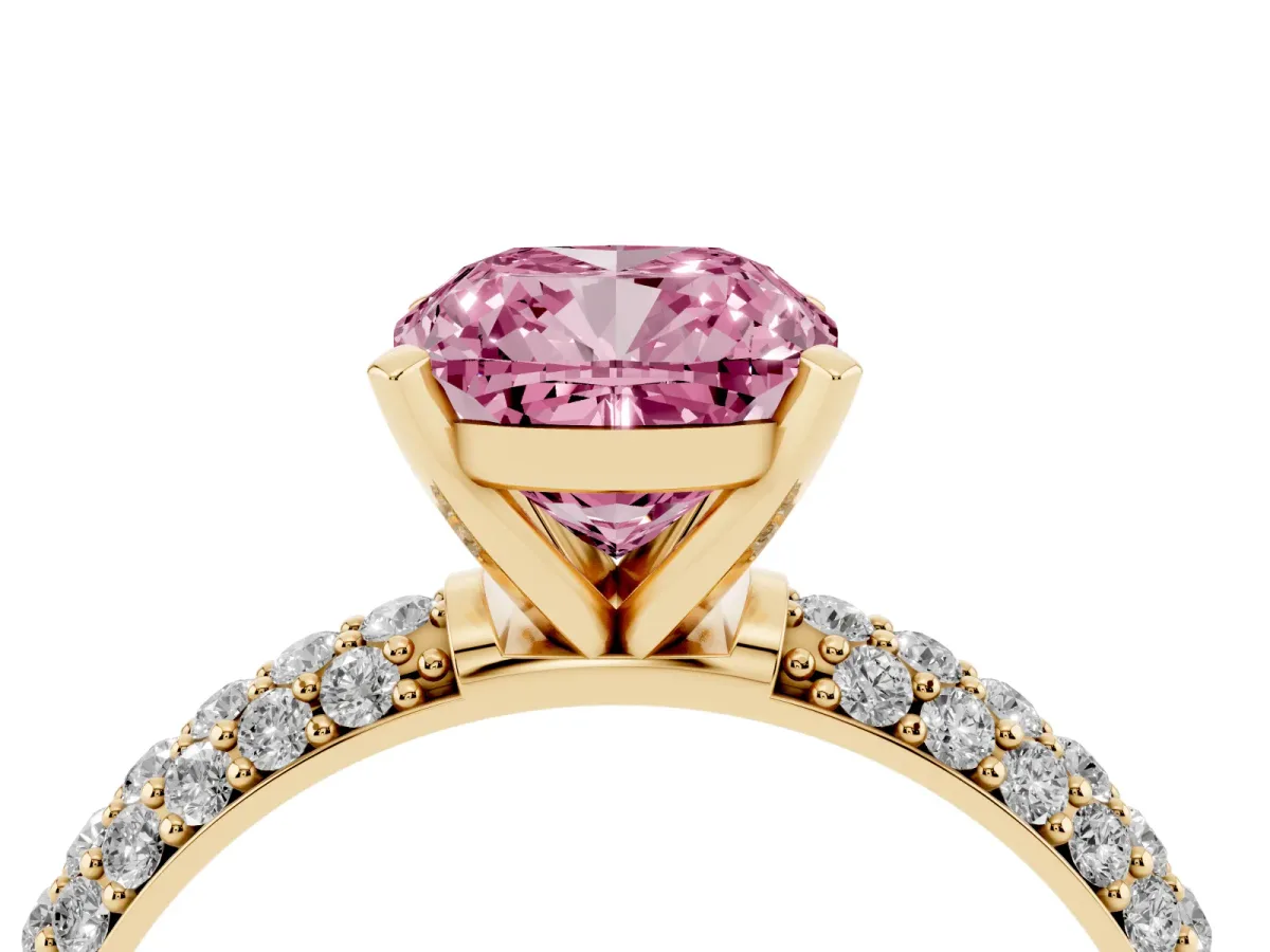 Fancy Pink Cushion Cut Diamond Solitaire Ring with Prong Setting and Pavé Band Yellow gold