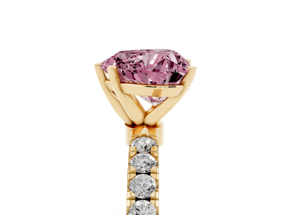 Fancy Pink Heart Cut Diamond Solitaire Ring with Pavé Accents and Four-Prong Setting Yellow gold