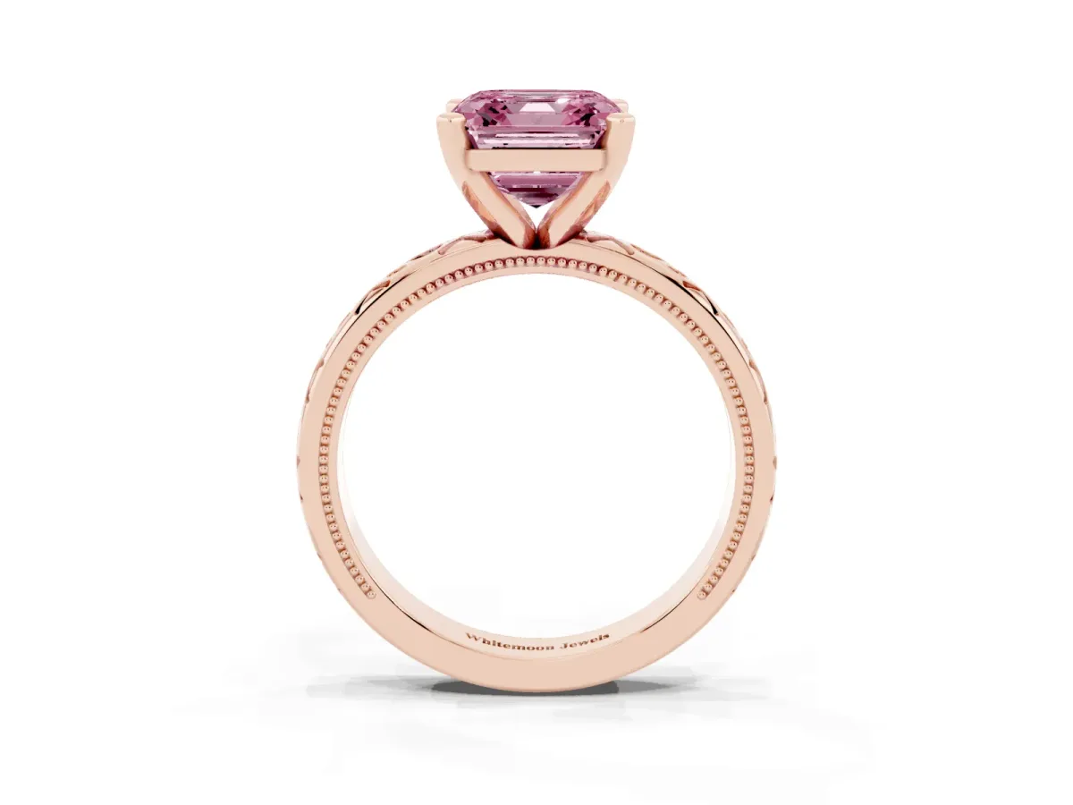 Fancy Pink Asscher Cut Solitaire Engagement Ring with Scrollwork Band and Four-Prong Setting Rose gold