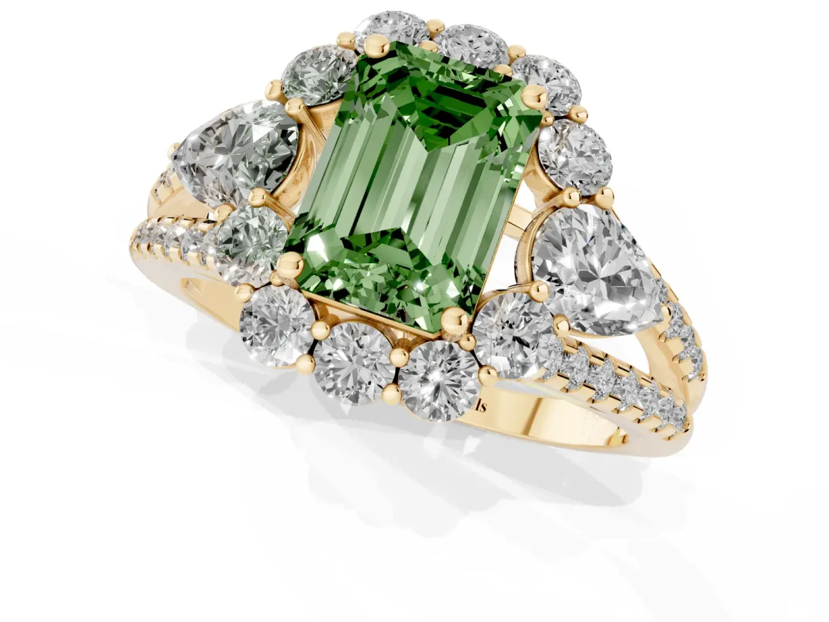 Fancy Green Emerald Cut Halo Split Shank Diamond Engagement Ring with Prong Setting Yellow gold