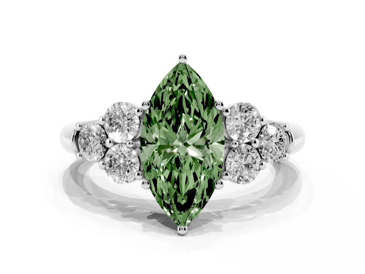 Fancy Green Marquise Cut Cut Diamond Cluster Ring with Round Accent Stones and Prong Setting on a Classic Band White gold
