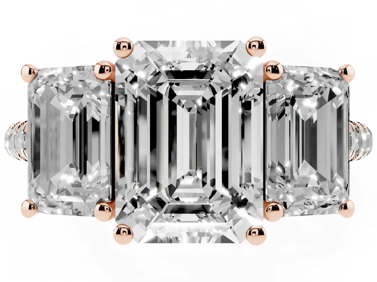 Three-Stone Emerald Cut Diamond Ring with Round Pavé Band and Prong Setting Rose gold