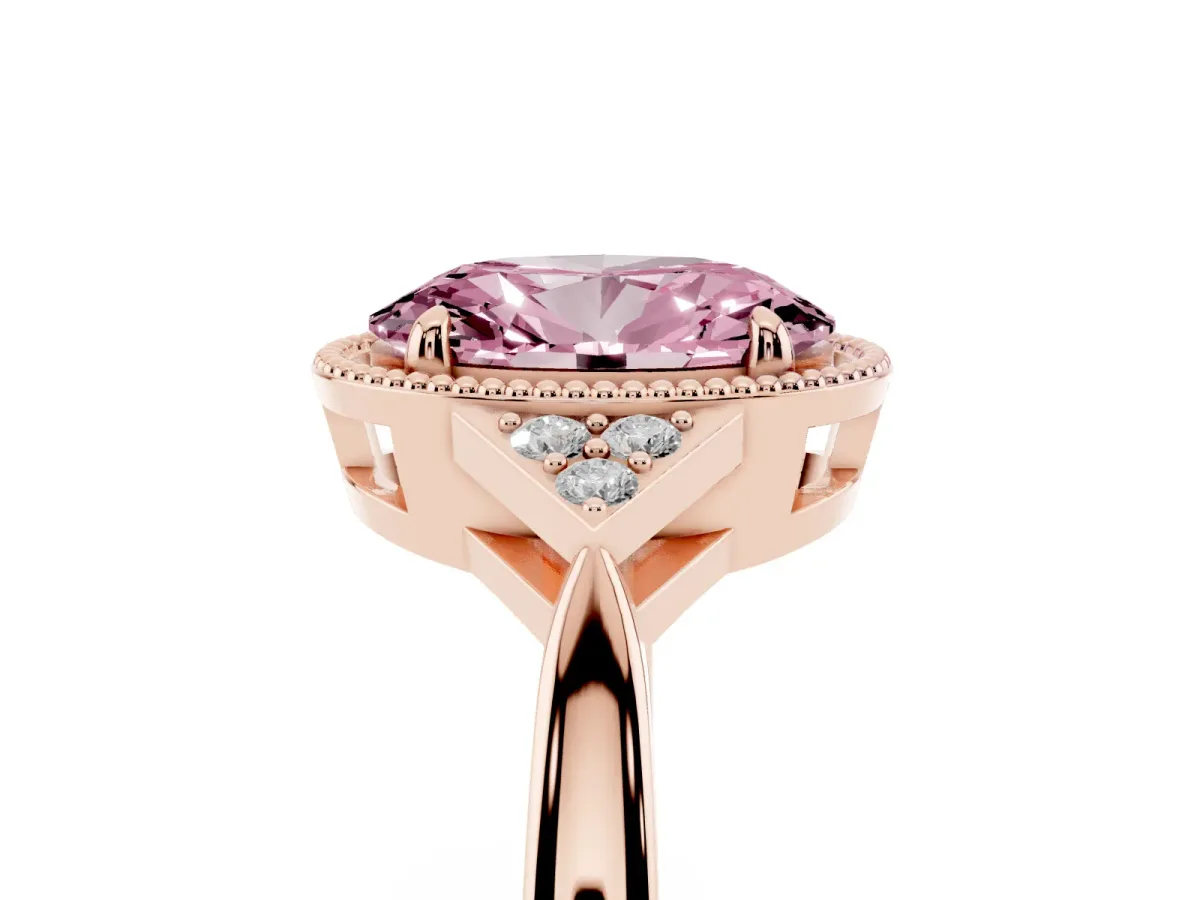 Fancy Pink Hexagonal Halo Oval Cut Diamond Solitaire with Pavé Band and Four-Prong Setting Rose gold
