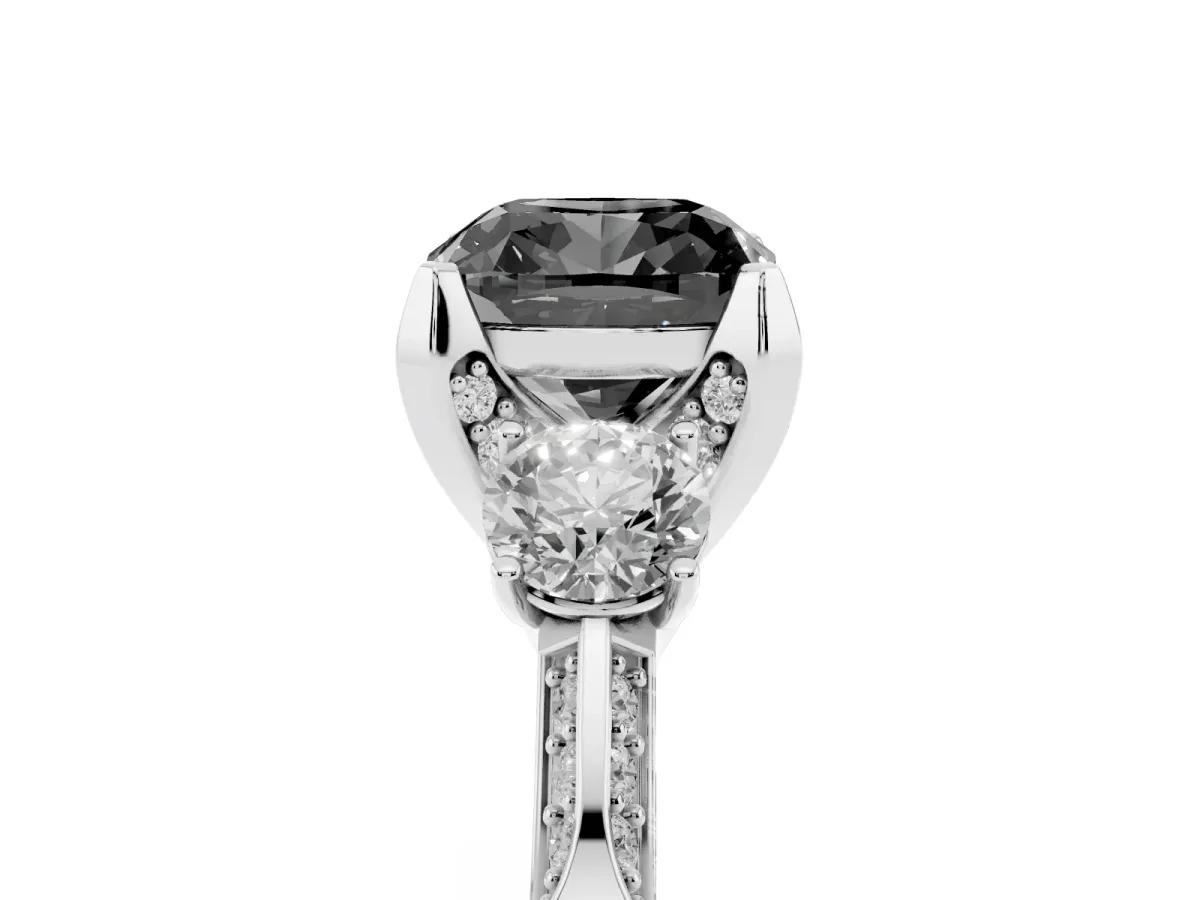 Fancy Black Cushion Cut Brilliant Three-Stone Diamond Ring with Pavé Band and Four-Prong Setting White gold