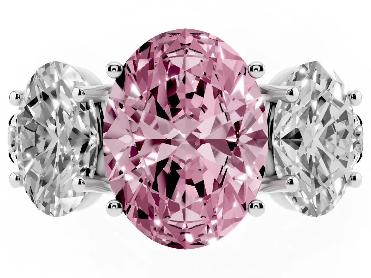 Fancy Pink Three-Stone Oval Cut Diamond Pavé Band with Prong Setting Platinum