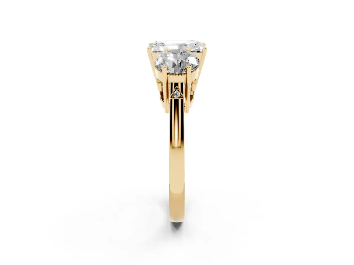 Three-Stone Radiant Cut Diamond Engagement Ring with Prong Setting on a Classic Band Yellow gold