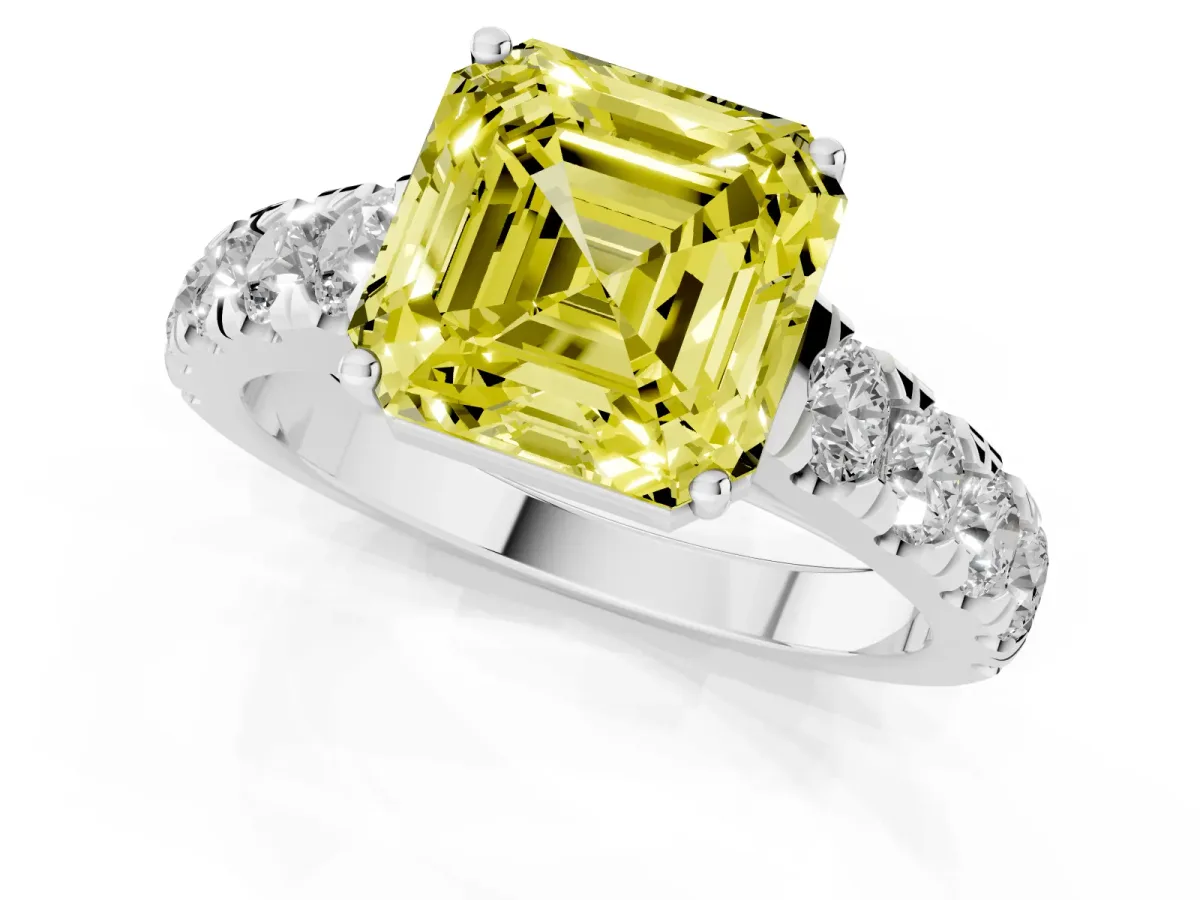 Fancy Yellow Asscher Cut Cut Diamond Solitaire Ring with Micro Pave Band and Prong Setting Silver