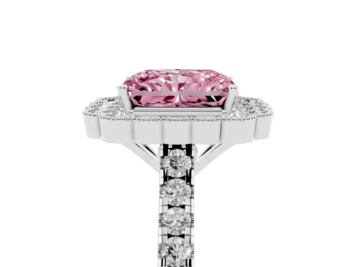 Fancy Pink Radiant Cut Cut Diamond Milgrain Floral Halo Engagement Ring with Pavé Band White gold