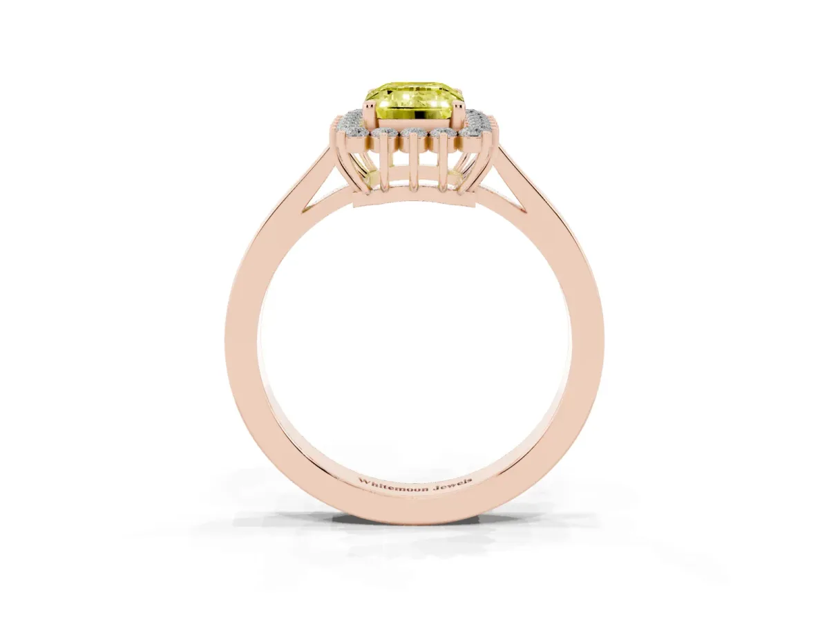 Fancy Yellow Emerald Cut Cut Diamond Halo Ring with Round Brilliant Halo and Solitaire Band Rose gold
