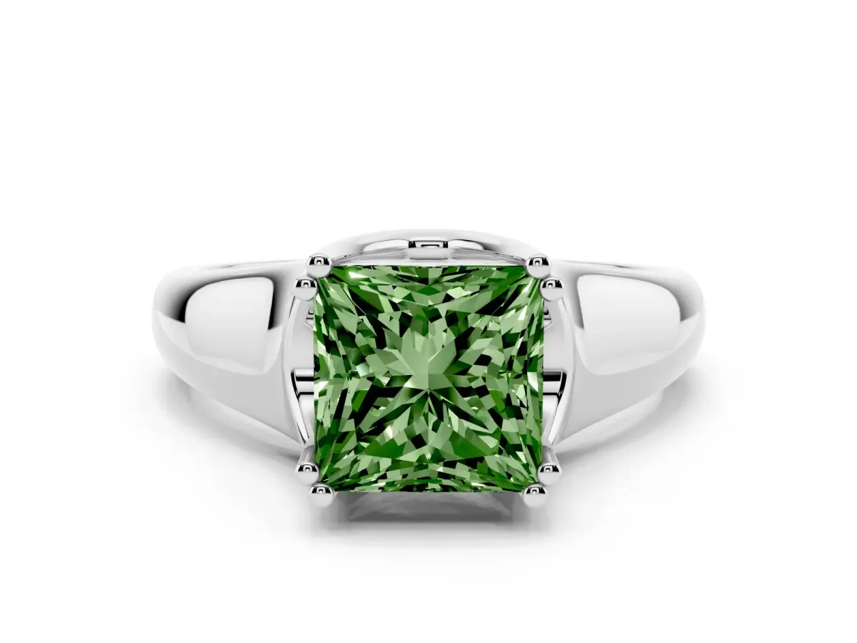 Fancy Green Princess Cut Diamond Solitaire Ring with Wide Band and Prong Setting White gold