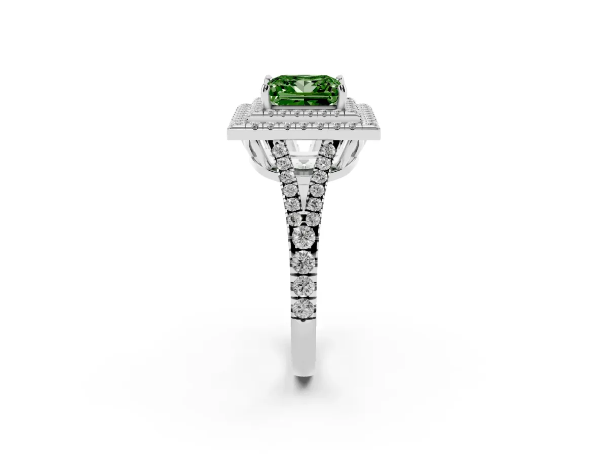 Fancy Green Princess Cut Diamond Double Halo Ring with Pavé Band and Prong Setting White gold