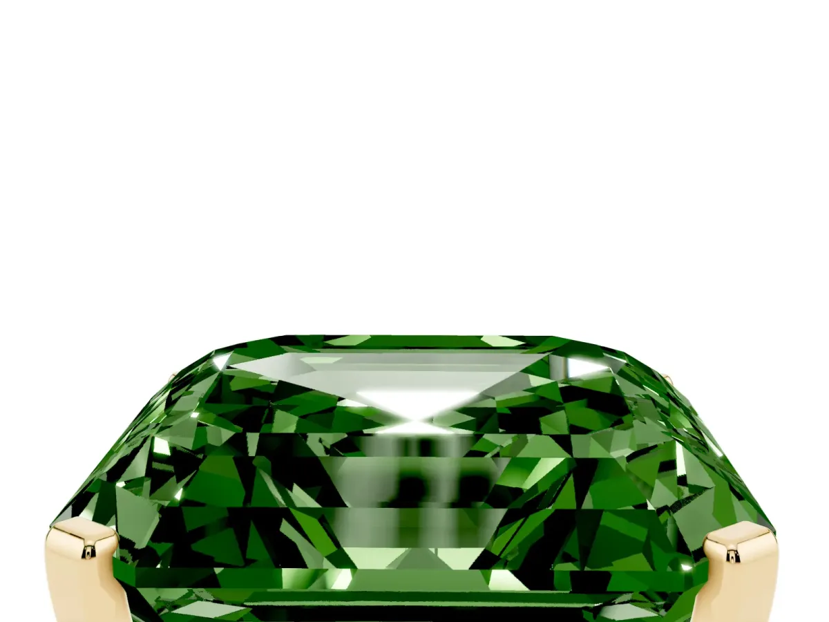 Fancy Green Asscher Cut Cut Three-Stone Solitaire Ring with Round Accent Diamonds and Four-Prong Setting Yellow gold