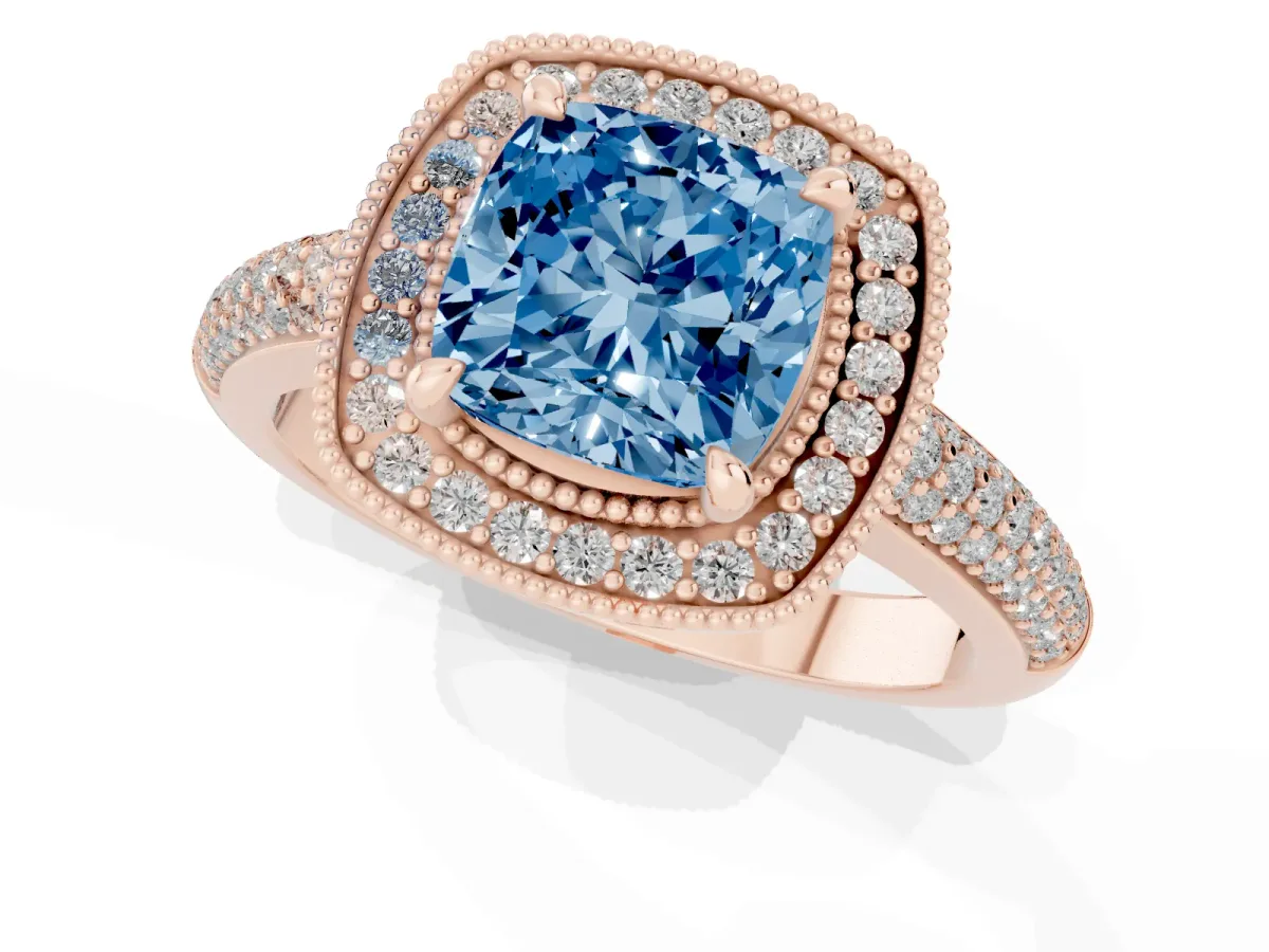 Fancy Blue Cushion Cut Cut Halo Diamond Pave Band with Four-Prong Setting Rose gold