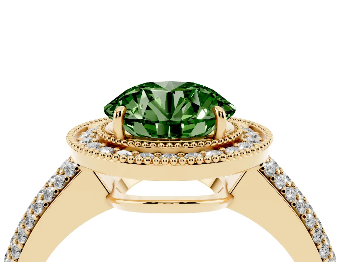 Fancy Green Round Cut Cut Halo Diamond Pave Band with Four-Prong Setting Yellow gold