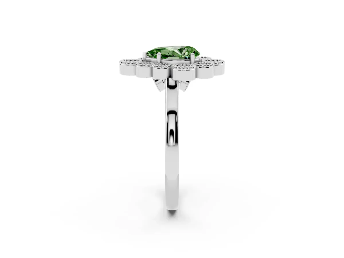 Fancy Green Pear Cut Halo Diamond Cluster Engagement Ring with Milgrain Bezel Setting and Solitaire Band Platinum