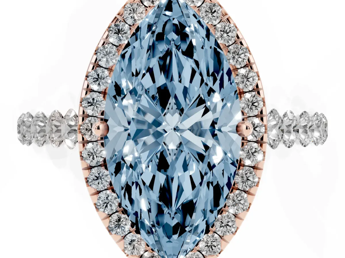 Fancy Blue Marquise Cut Halo Pavé Diamond Engagement Ring with Four-Prong Setting Rose gold