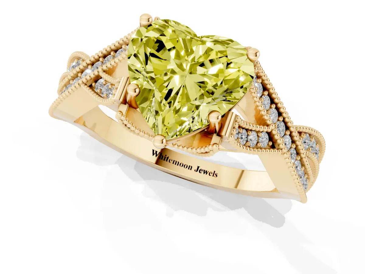 Fancy Yellow Heart Cut Cut Diamond Twisted Band with Milgrain Pave Setting and Four-Prong Setting Yellow gold